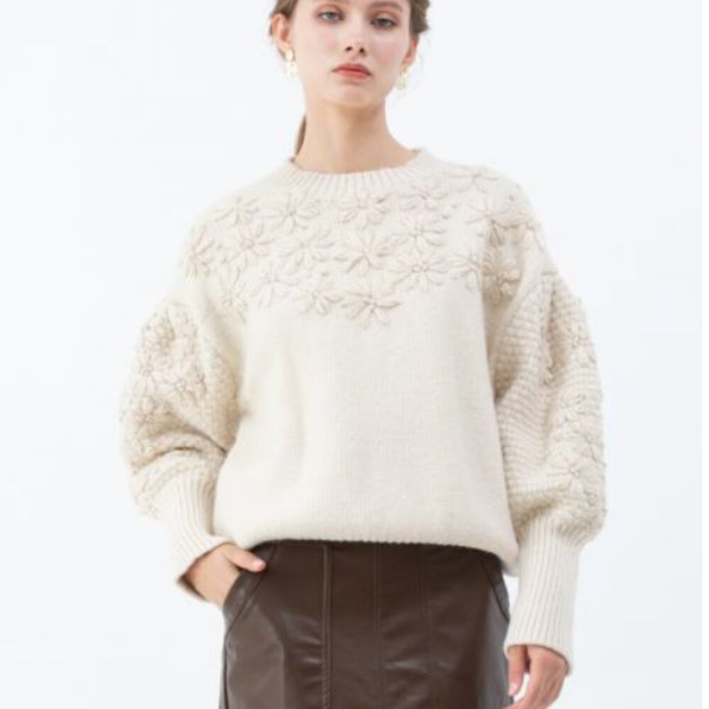 NWT - Chicwish Flowers Stitched Puff Sleeves Knit Sweater
